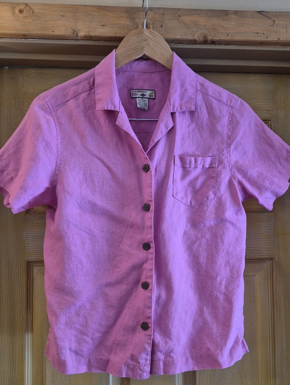 Caribbean Joe Petite Short Sleeve Button Up 100 % Linen Shirt Ladies In Pink